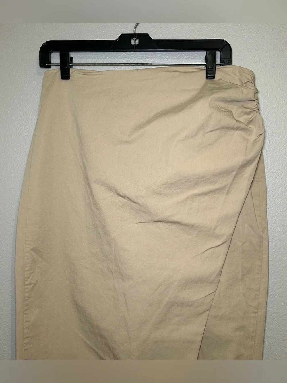 Zara Neutral 100% Cotton Asymmetric Ruched Wrap Midi Skirt Women’s Size Large